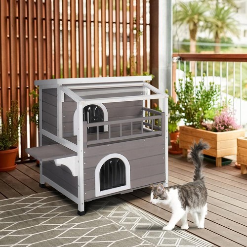 Outdoor Cat House Shelter Weatherproof Two Story Outside Cat House w/Escape Door - Picture 3 of 10