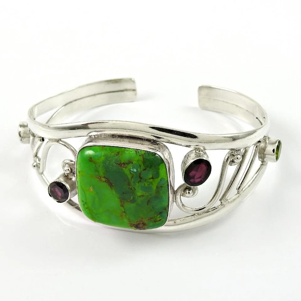 Cushion Green Copper Turquoise Bezel December Wife Bangle Bracelet Solid Silver - Image 3 of 4