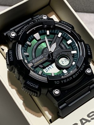 Black Casio AEQ-110W-3A2VEF Green Face Telememo Digital  Quartz Watch