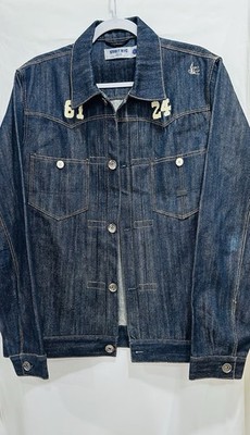 SABIT NYC Men's Denim Jacket Biker Patches Embellished Blue L RARE