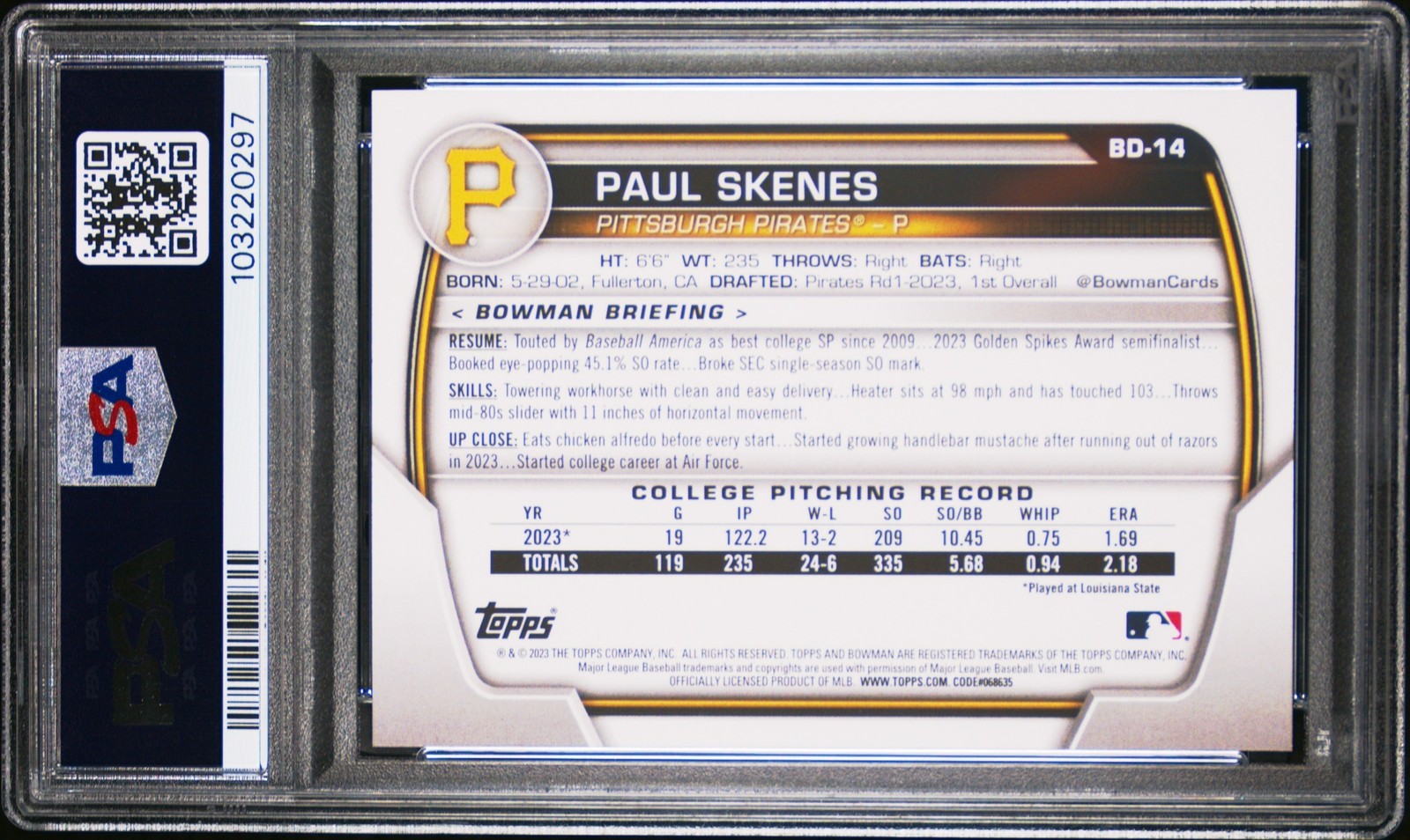 2023 Bowman Draft Baseball Paul Skenes #BD-14 PSA 10 view 2