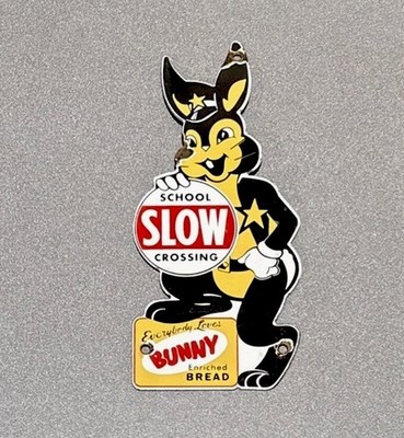VINTAGE BUNNY BREAD RABBIT PORCELAIN SIGN CAR GAS OIL TRUCK MOTORCYCLE