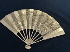 Vintage Solid Brass Chinese Hand Fan Raised Phoenix Dragon Wall Decor 12"x7"