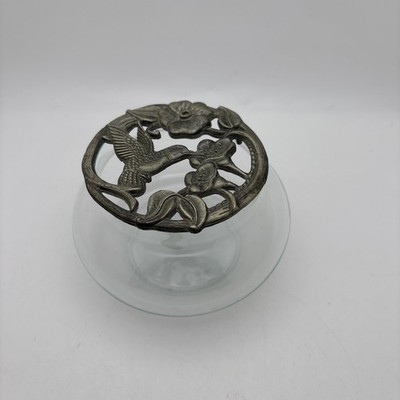 Vintage Glass Pewter Hummingbird Flowers Potpourri Bowl Trinket Dish Taiwan