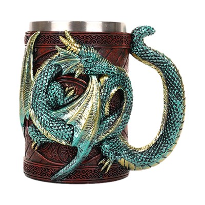 Handgefertigter Bierkrug aus Edelstahl mit 3D-Motiv, mittelalterlicher Drache, B