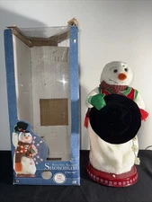 Vintage 2004 New Gemmy Snowflake Spinning Snowman Red Green Vest Black Hat, 18"