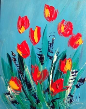 RED TULIPS  Original Oil Painting on canvas IMPRESSIONIST KAZAV  RWEF