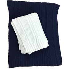 Nordstrom Solid Navy Blue  White Baby Blanket Lot Cable Knit 2pc Unisex EUC