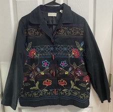 Marsh Landing Women Floral Embroidered Black Jacket Boho Blazer Button Up S-L