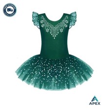 Girls Ballet Dance Dress Leotard Ruffle Sleeve Sequin Tutu Skirt Sparkly Bling