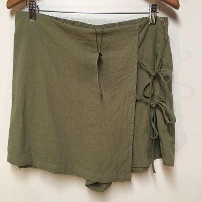 NEW Shein Women 0XL Skort Green Mini Wrap Ties High Rise 100% Cotton Summer