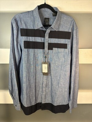 NWT Armani Exchange Denim Dark Blue Stripes Button Down  Shirt Men's Large