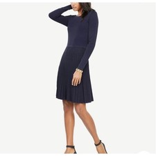 Ann Taylor Navy Blue Long Sleeve Shimmer Knit Pleated Dress Size M