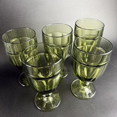 Set of 5 Vtg Libbey Duratuff USA Olive Green Ribbed Goblets Black Band 7''