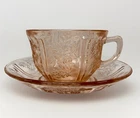 Vintage Federal Glass Pink Depression Sharon Cabbage Rose Teacup & Saucer Set
