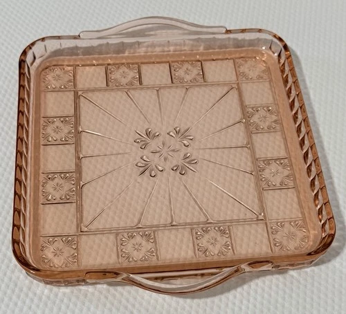 Jeannette Glass Doric Pink Depression Glass Square Handled Tray 8"x8" Floral