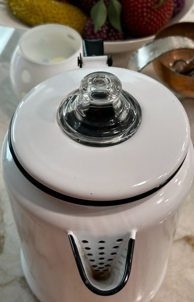 Vintage Metal Enamel Cowboy Coffee Pot Percolator White Black Trim