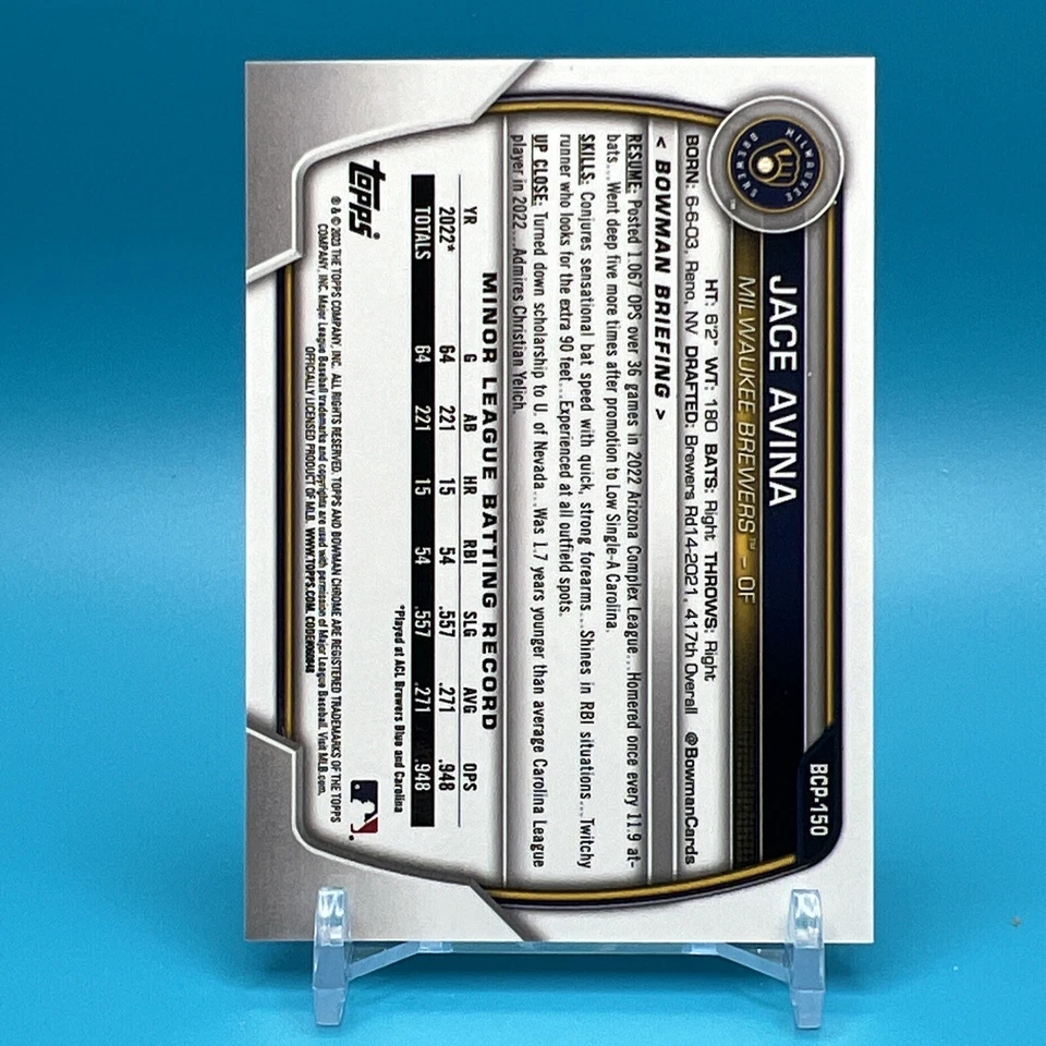 Jace Avina 2023 Bowman Chrome Sapphire Purple #BCP150 23/25 Bowman 1st - Image 2 of 2