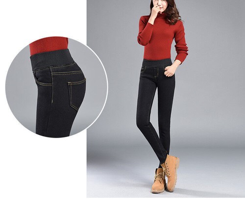 Women's Winter Fleece-Lined Stretch Denim Pants, Warm Thermal Leggings Jeggings - Picture 10 of 16