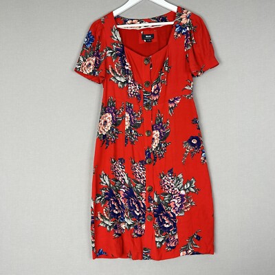 anthro red dress FARM RIO PETITE ANTHRO Floral Bird Printed Belted Puff Sleeve Tiered Mini Dress