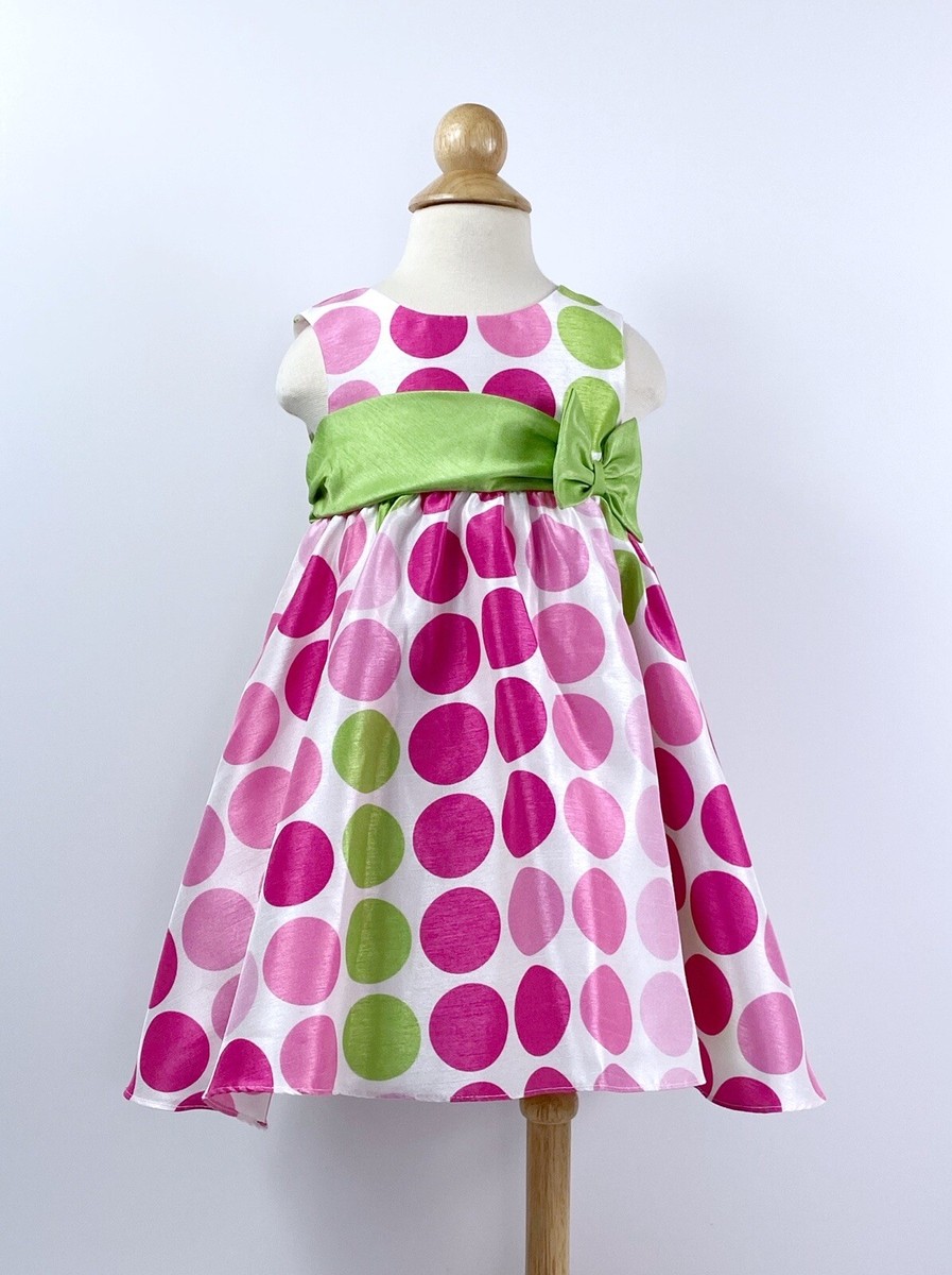 RARE EDITIONS Sz 18 Mo Baby Girls Pink Polka Dot Green Bow Party