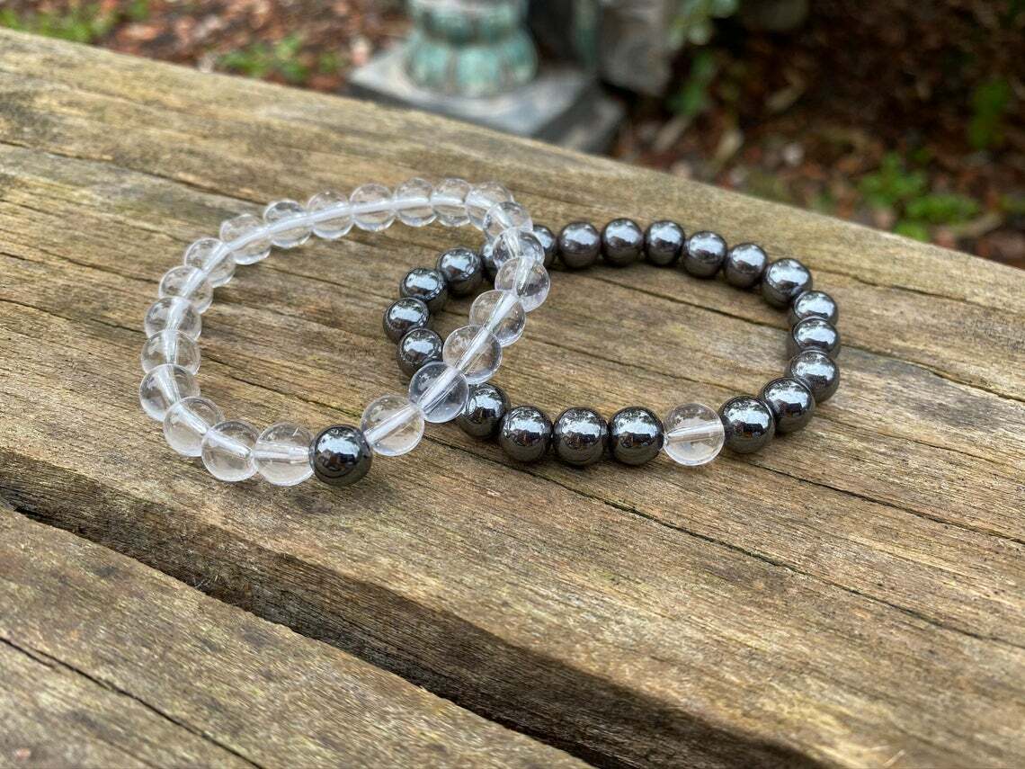 Bracelet couple Yin Yang en hématite et cristal de roche noir et blanc