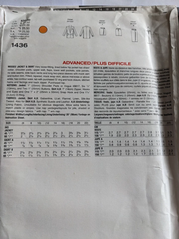 Vogue 1436 pattern 90s vintageAnne Klein size 18/20/22  jacket & skirt UNCUT  - Image 3 of 4