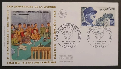 FRANCE WW2 VICTORY BERLIN SURRENDERS 1970 MARQUE DEPOSEE SILK CACHET FDC UNADDR