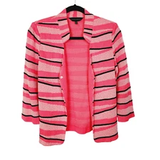 Ming Wang Pink Black Textured 3/4 Sleeve Cardigan Sweater Womens Size Small