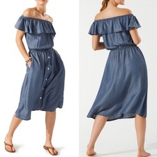 Tommy Bahama Chambray Off the Shoulder Midi Dress Tencel Drawstring Pockets XS