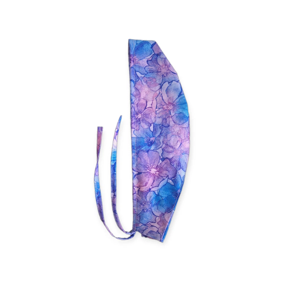 Purple & Blue Flower petals Tie Back Scrub hat/ cap 100% Cotton Surgical Medical - Image 2 of 2