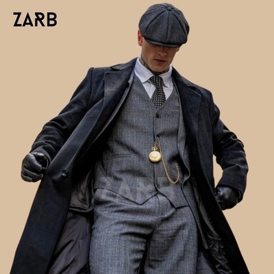 Peaky Blinders 3 Piece Gray Suit with Black Wool Coat & Cap, Thomas Shelby Style