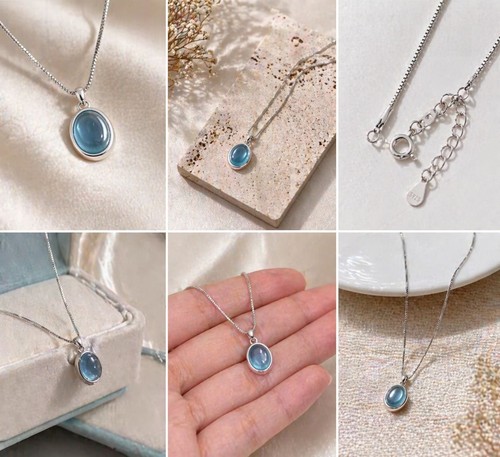 Women's Blue Oval Stone Pendant Necklace Silver Tone Chain Minimalist Jewelry