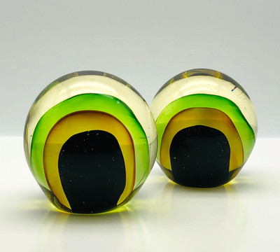 Large Murano Artistic Art Glass, Set of 2 Paperweight Black Amber Green