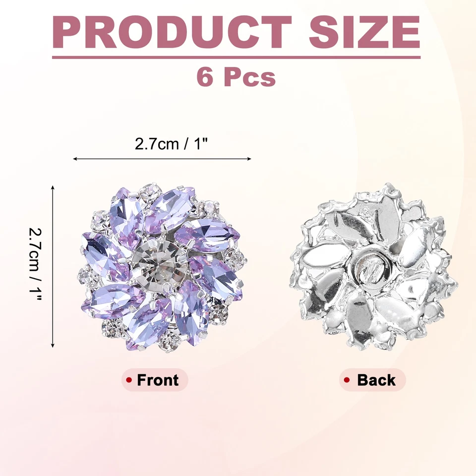 6 PIEZAS Botones de diamantes de imitación de costura de flores de 1 pulgada caña de cristal plata púrpura claro Foto 2 de 4