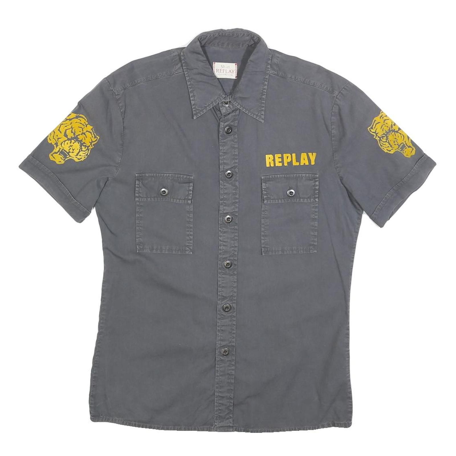 REPLAY Camisa Casual Manga Corta Gris & Amarillo Tigre Mezcla Algodón S