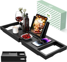 Bathtub Tray for Tub, Expandable Bamboo Bath Caddy Tray with Book Stand for Home