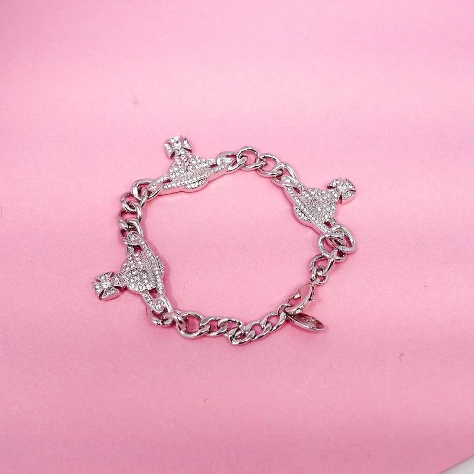 Vivienne Westwood Bracelet Silver Tone Triple Orb Crystal Charm Cuban Link & Box - Image 2 of 4