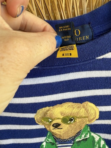 Polo Ralph Lauren Boys Blue White Striped Bear Crewneck Sweater Size L - Picture 4 of 6