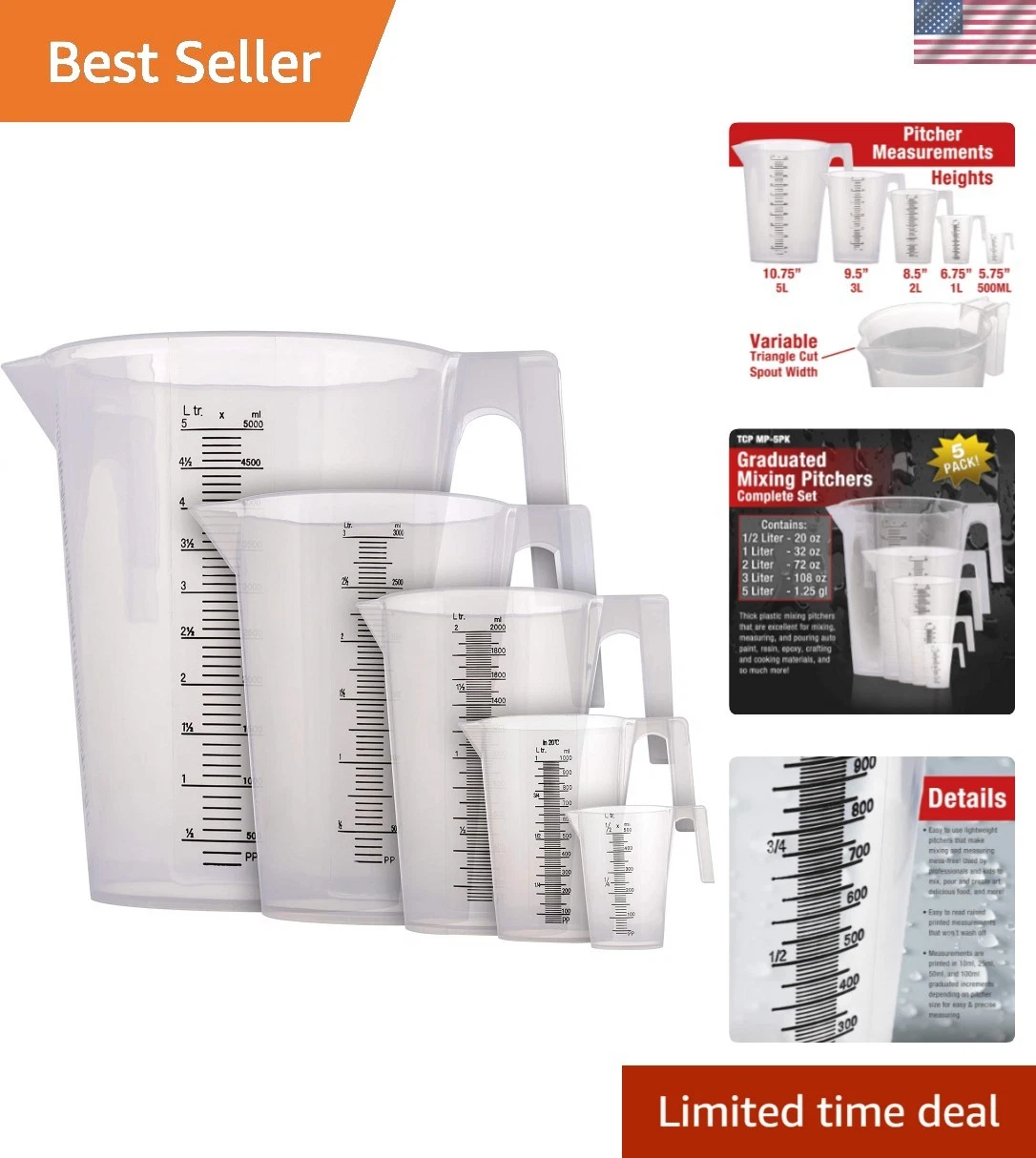 5 Piece Set of Plastic Graduated Measuring and Mixing Pitchers - 500, 1000 Qu...
Opens in a new wind
