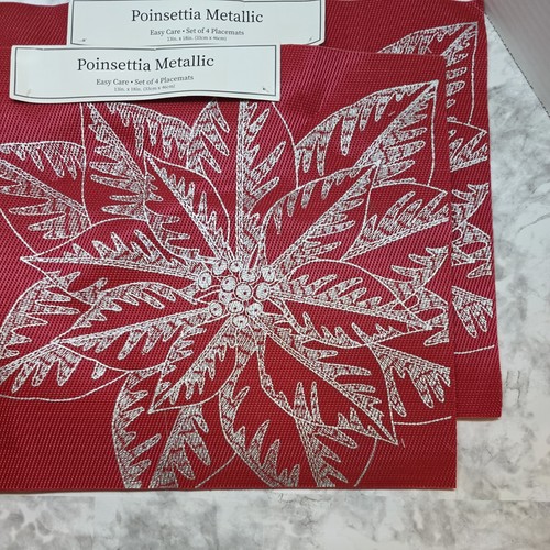 Benson Mills Poinsettia Metallic Christmas Placemats 13x18" Set of 8 Red Silver - Picture 4 of 12