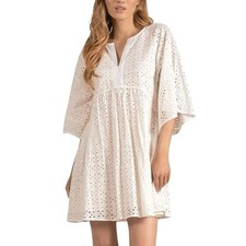 Elan Cotton Eyelet Mini Dress Boho V Neck Flowy Beach Summer White M NEW