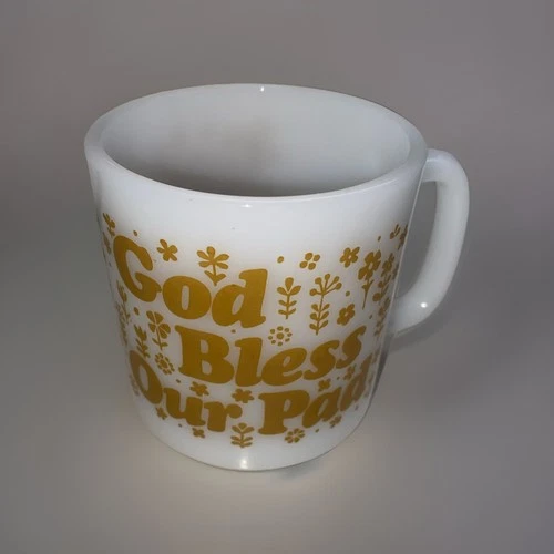 God Bless Our Pad Milk Glass Coffee Tea Mug Cup 70s Vintage Groovy Flower Power