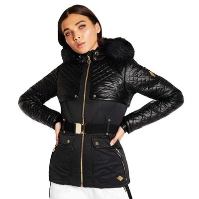 D2B x Julien Macdonald Black Quilted Faux Fur Belted Ski Jacket US 6