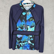 Athleta Pacifica Floral Rash Guard Womens Medium Navy Blue Half Zip Long Sleeve