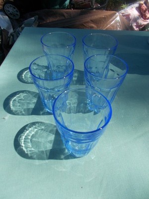 Pasabahce Blue Paneled Design Juice Drinking Glasses Set of 5 Turkey