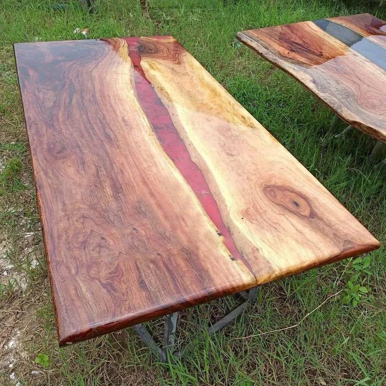 Red Epoxy Table, Mid Century Modern Dining Coffee Table, Acacia Wood Table Tops - Image 2 of 4