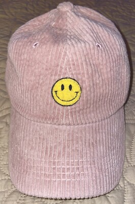 Vintage Corduroy Millitage Brand Smiley Face Pink Hat Made In Korea 100% Cotton