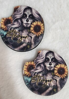 Set of 2 neoprene car coasters 2.75'' You are stronger than the storm sugar skull