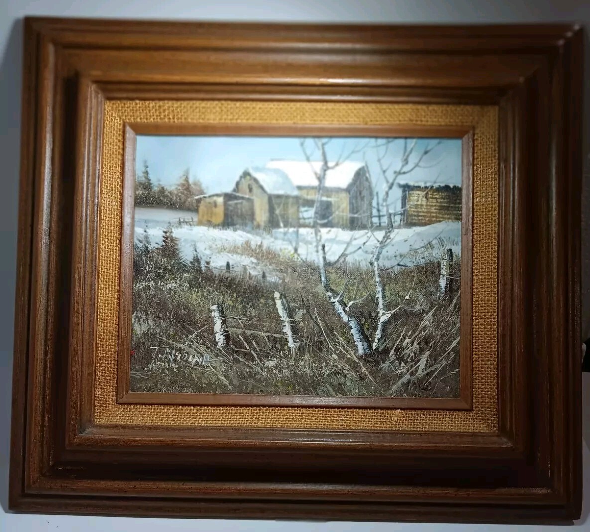 J.MEDINA ORIGINAL OIL ON CANVAS BARN WINTER LANDSCAPE PAINTING VTG